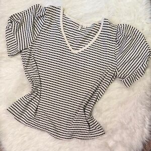 Cato Black and White Striped Puff Sleeve Top